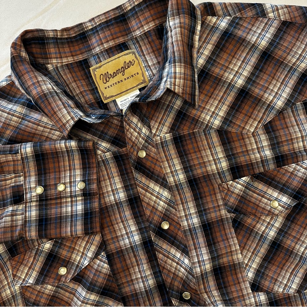 Wrangler Men's 2XL Brown Plaid Western Ranch Cowboy Shirt Pearl Snaps